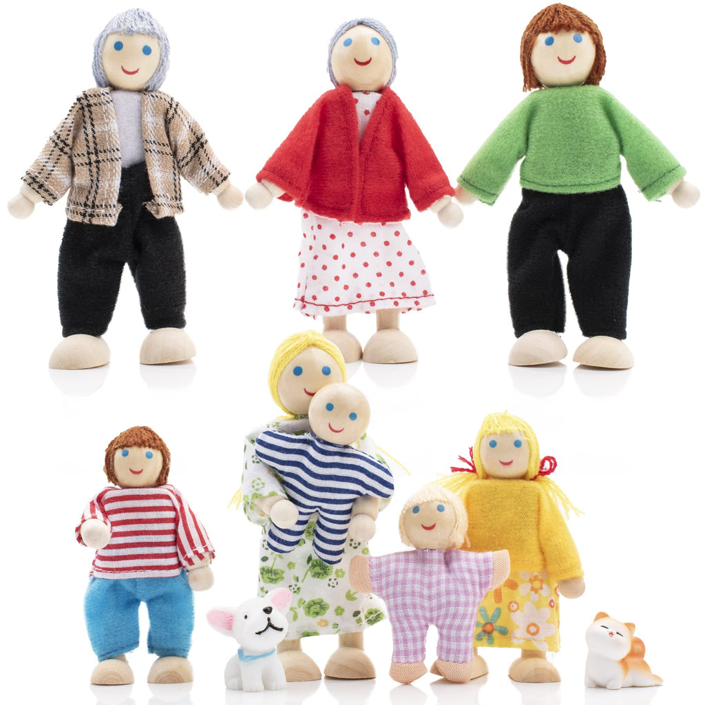 Wooden Doll House People of 8 Miniature Figures and 2 Pets, Dollhouse Dolls Family Set- Dollhouse Accessories for Girls Toddler Kids Pretend Play and Imaginative Fun