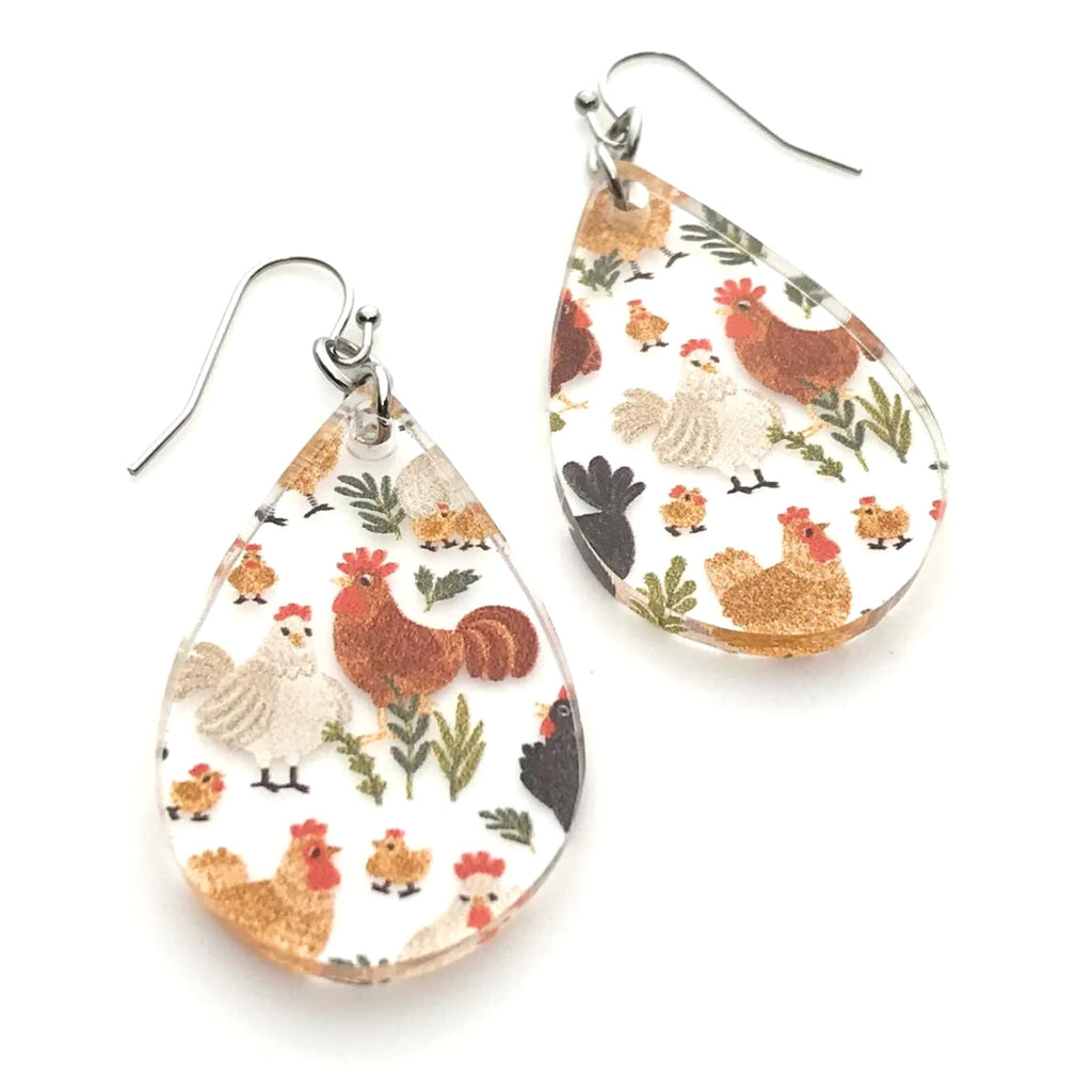 Chicken Patterned Clear Acrylic Dangle Teardrop Earrings for Crazy Chicken Lady