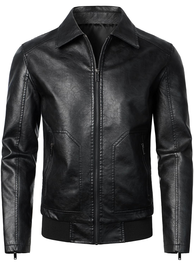 HOOD CREW Mens Faux Leather Bomber Jacket Classic Style Motorcycle Jackets
