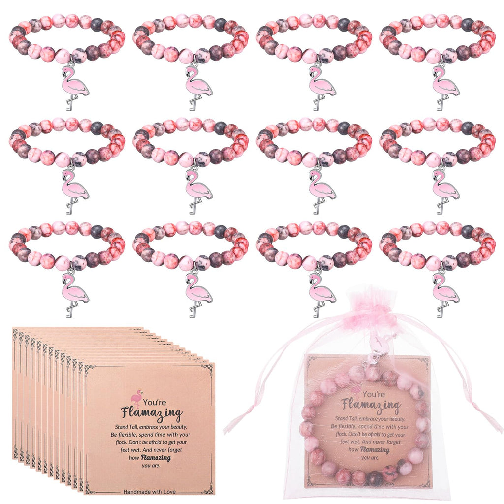 Yinkin 12 Pink Flamingo Bracelet Gifts for Women Included Natural Stone Elastic Beads Bracelet with Flamazing Card Mesh Bag Pink Charm Jewelry for Christmas Inspirational Gifts Positive Affirmations