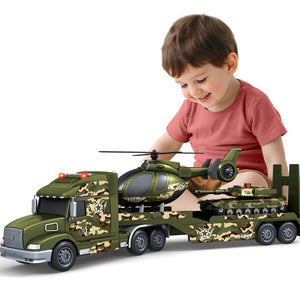 Toddler Boy Toys for 3 4 5 6 7 Years Kids, 27" Semi Army Truck Toy with Helicopters and Tank, Friction Powered Military Toys with Lights and Sounds, Birthday for Boy Girls