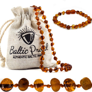 Baltic Proud Amber Necklace and Bracelet Gift Set (Unisex Cognac Mix 12.5 Inches/5.5 Inches) - Certified Premium Quality Raw Baltic Sea Amber