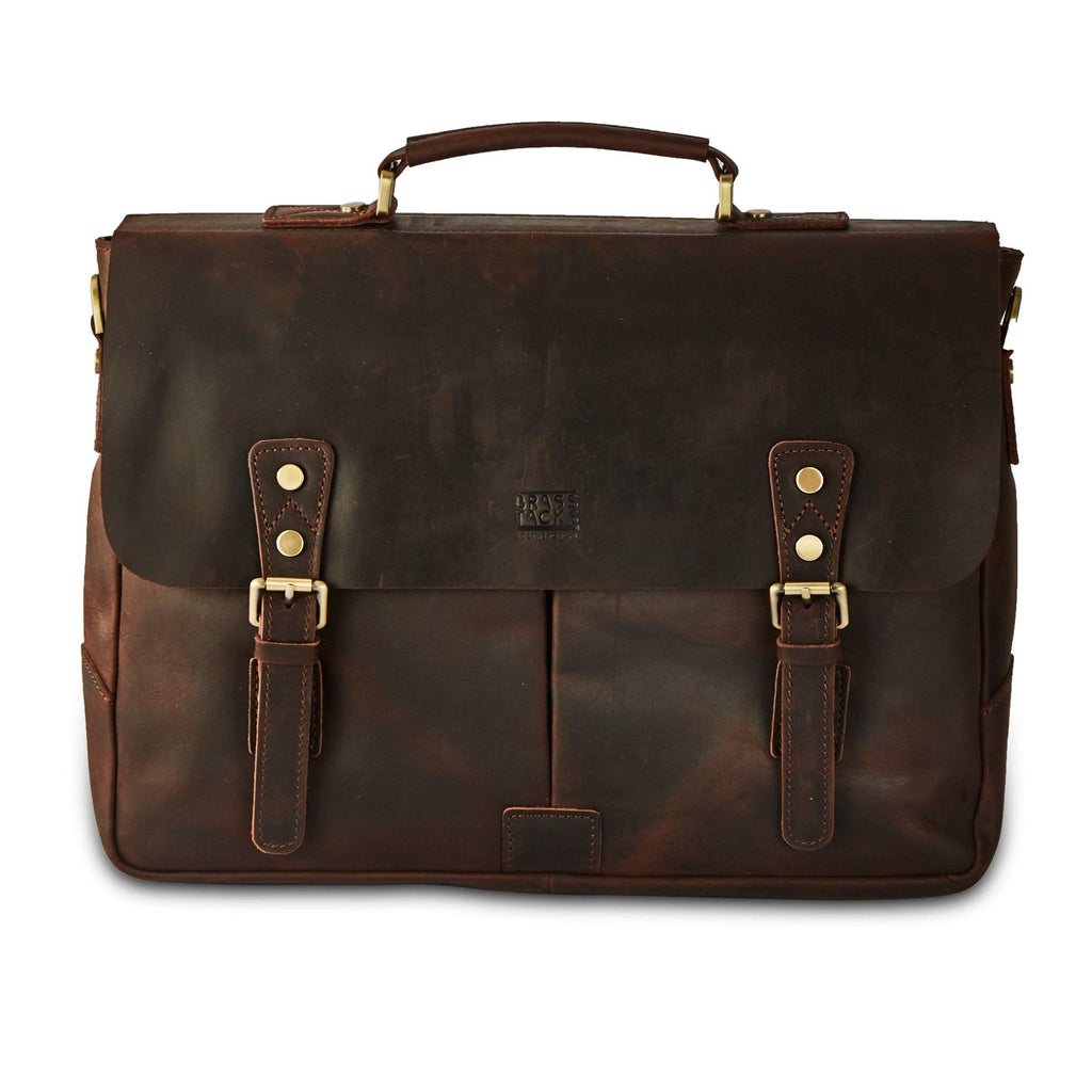 BRASS TACKS Leathercraft Full Crazy Horse Leather Briefcase Tote Vintage Buckle Strap Messenger Bag 15.6 inch Laptop Tablet Shoulder Bag