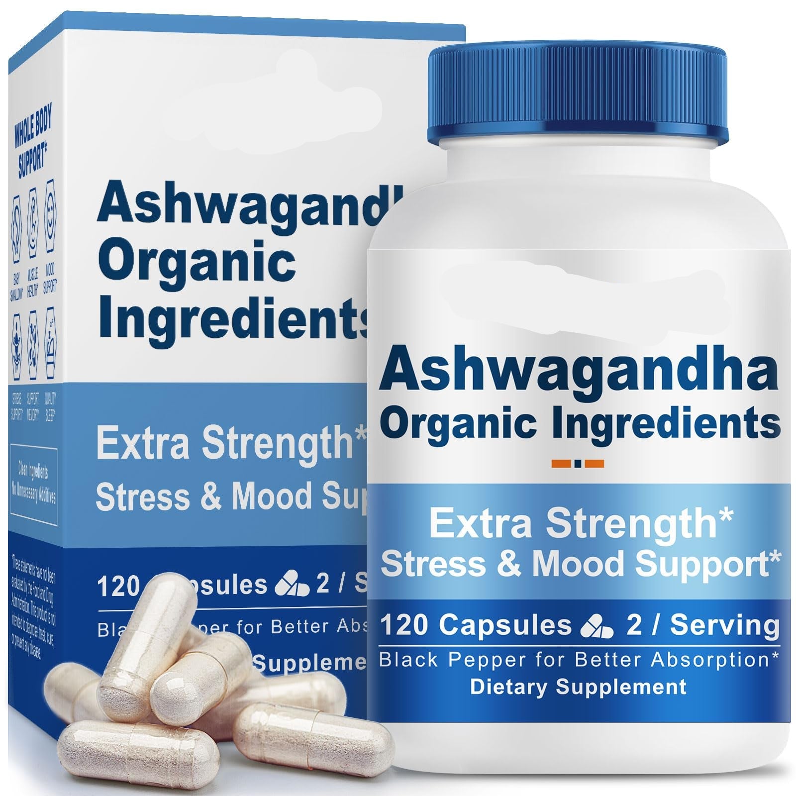 PeakVigor Ashwagandha supplement bottle and packaging on a white background