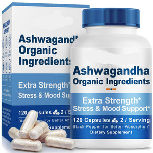 PeakVigor Ashwagandha supplement bottle and packaging on a white background