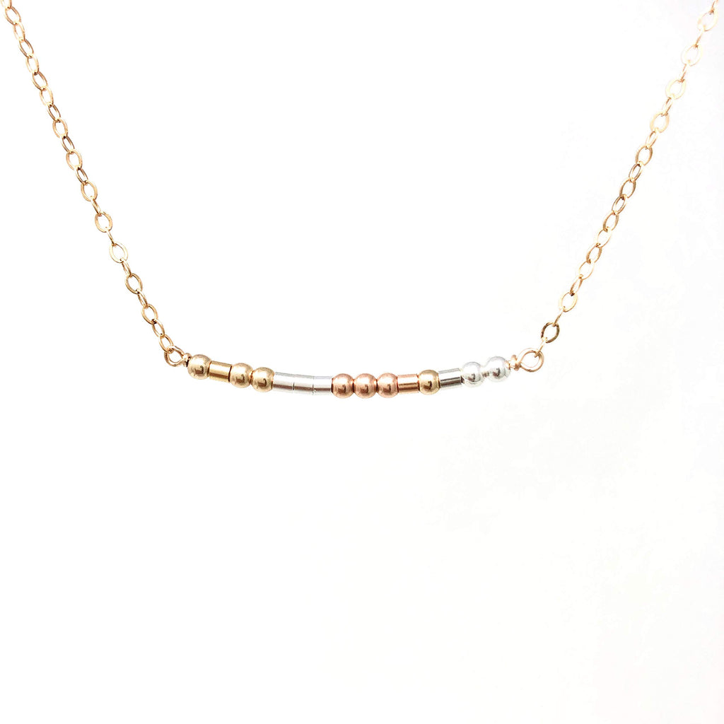 JENNYANDJUDE Custom THREE COLOR Morse Code Necklace – Gold Fill, Sterling Silver, Rose Gold - Personalized Beaded SMALL Bar – Hidden Message Jewelry – Gift for Her