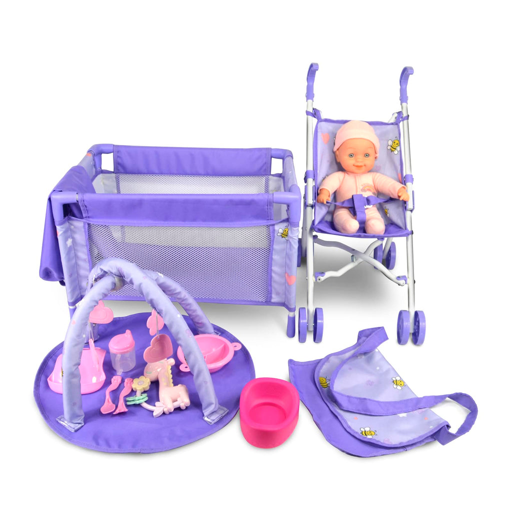 ANIVIA Baby Doll Stroller Set - Accessories Include Crib, Play Mat, Feeding Toy, Diaper Bag - Nursery Role Play Set (11" Doll Included)