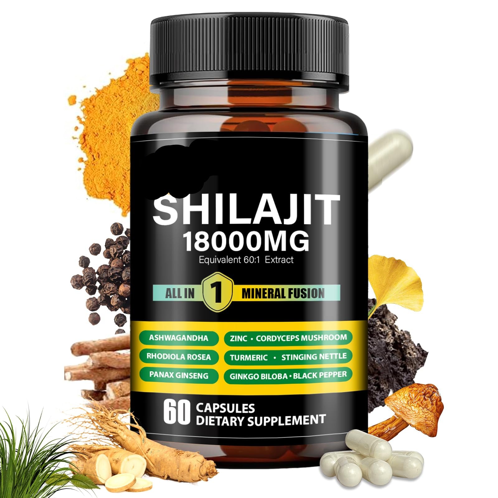 Yimingkj Shilajit 18000MG supplement bottle with ingredients on a white background