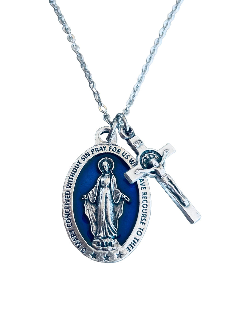 Blue Mother Mary Necklace with Crucifix – Catholic Jewelry Blessed Virgin Mary Medal Pendant – Immaculate Conception Charm Necklace – Religious Gift for Women, Teens, Baptism, First Communion