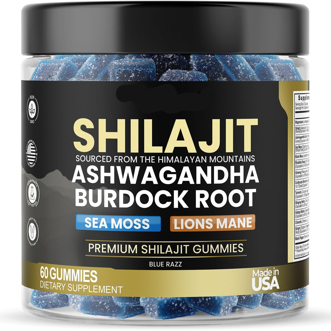 Vitamax Shilajit gummy supplement container with blue gummies inside