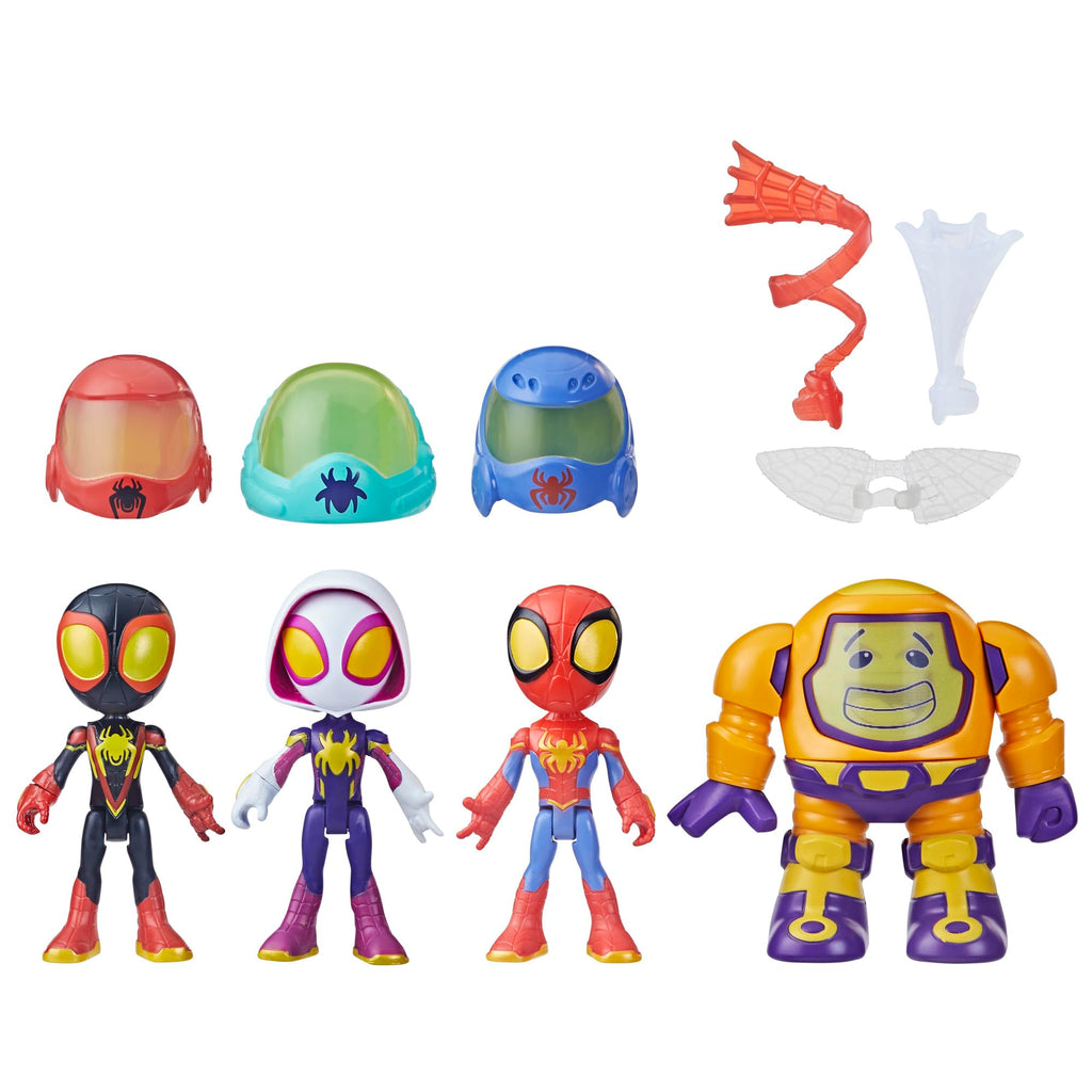 Spidey and his Amazing Friends Marvel Web-Spinners Gear Up for Adventure 4-Pack, 4-Inch Action Figures with 6 Accessories, Super Hero Toys for Kids 3+