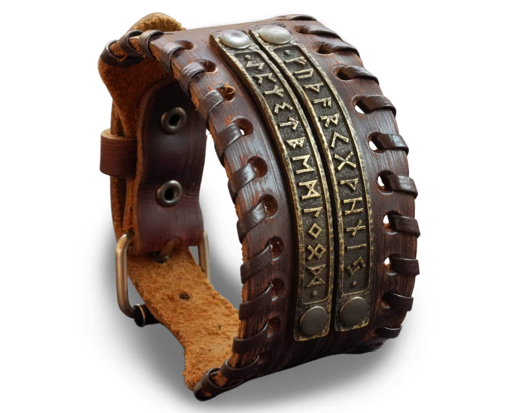 Baldur Jewelry Genuine Leather Bracelet With Viking Rune Futhark Metal Plates For Men Women, Adjustable Wrap, Ethnic Tribal Braided Bracelet Wristbands