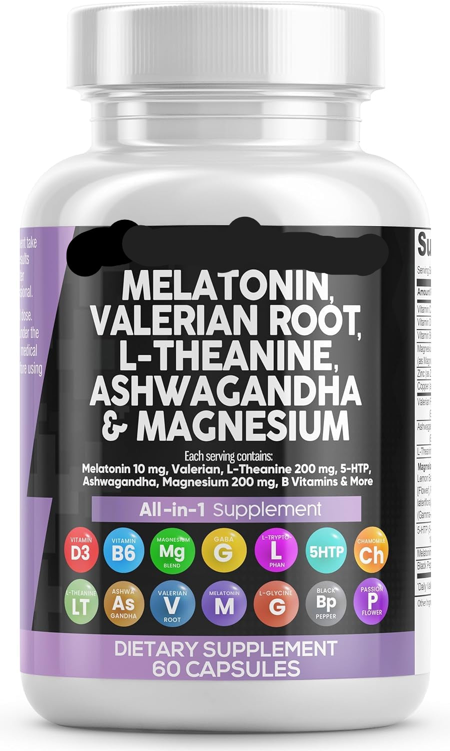 Supplement bottle with various ingredients listed on a white background