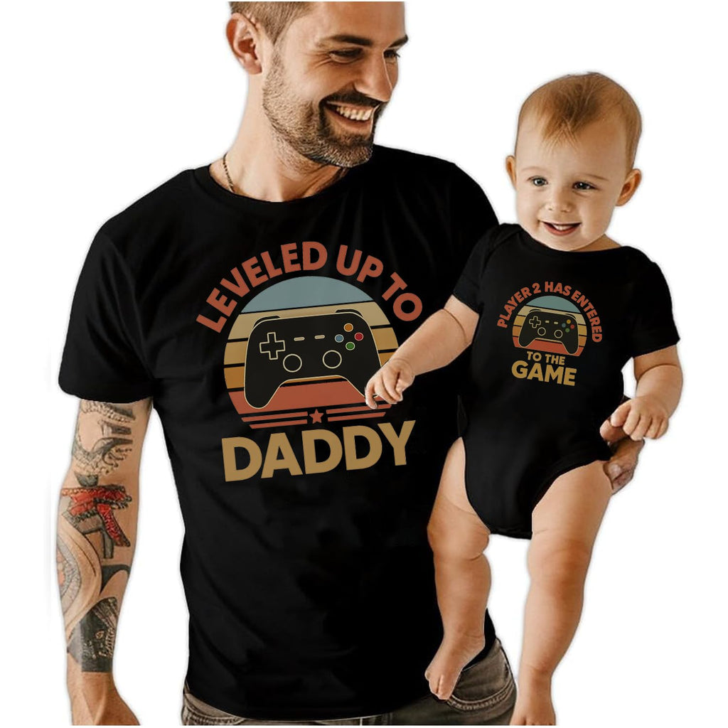 Gamer Dad and Baby Matching Shirts, Leveled Up to Daddy Player 2 Has Entered the Game Outfit, First Father’s Day Gift for Gamer Dad and Baby, Daddy and Me Video Game T-Shirt Set