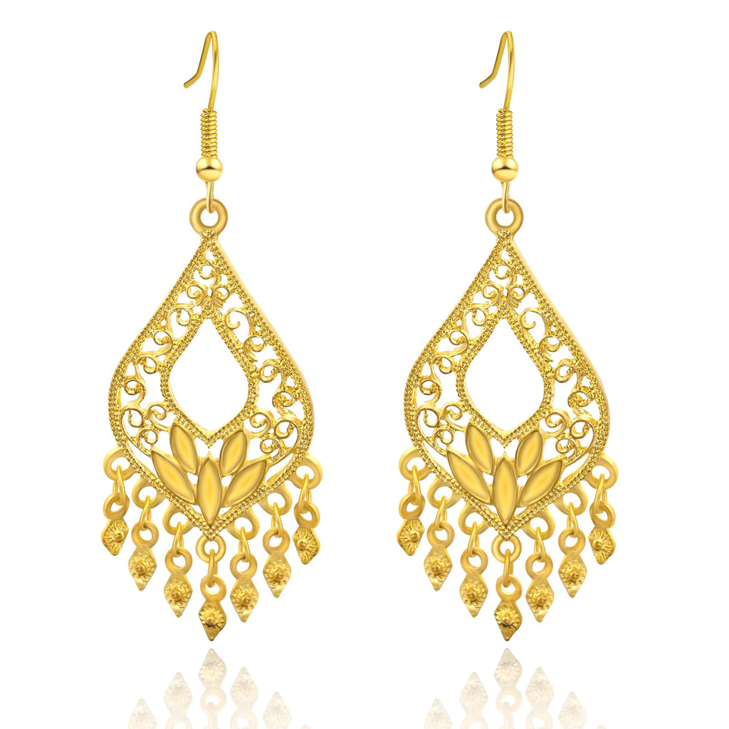 Elaximn 18K Gold Plated Filigree Dangle Earrings - Boho Indian Jewelry - Long Chandelier Design - Gold Plated Brass - 1.02 inches - No Gemstone