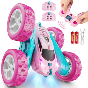 RC Cars, Pink Remote Control Car for Girls, 2.4 GHZ Double Sided RC Stunt Car 360° Rotating Remote Control Crawler with Headlights Car Toys for 6 7 8 9 10 11 12 Girls Birthday Gift Grandkids