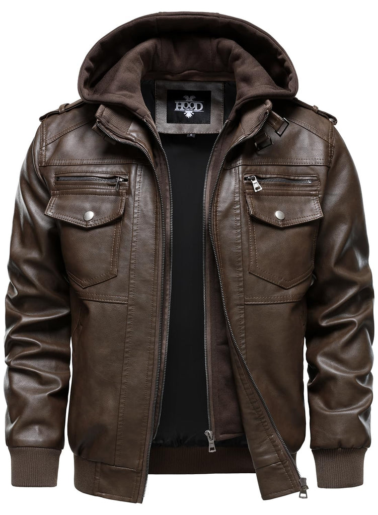 HOOD CREW Men's Faux Leather Hooded Jacket Motorcycle Jackets Water Repellent Windproof PU Moto Vintage Bomber Hoodie Coats