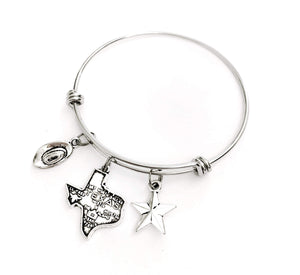 Texas charm bracelet gift. Includes Cowboy Hat, State of Texas, and Lonestar antique silver charms. Texan Gift. Texas Expandable Bangle. Texas Gift.