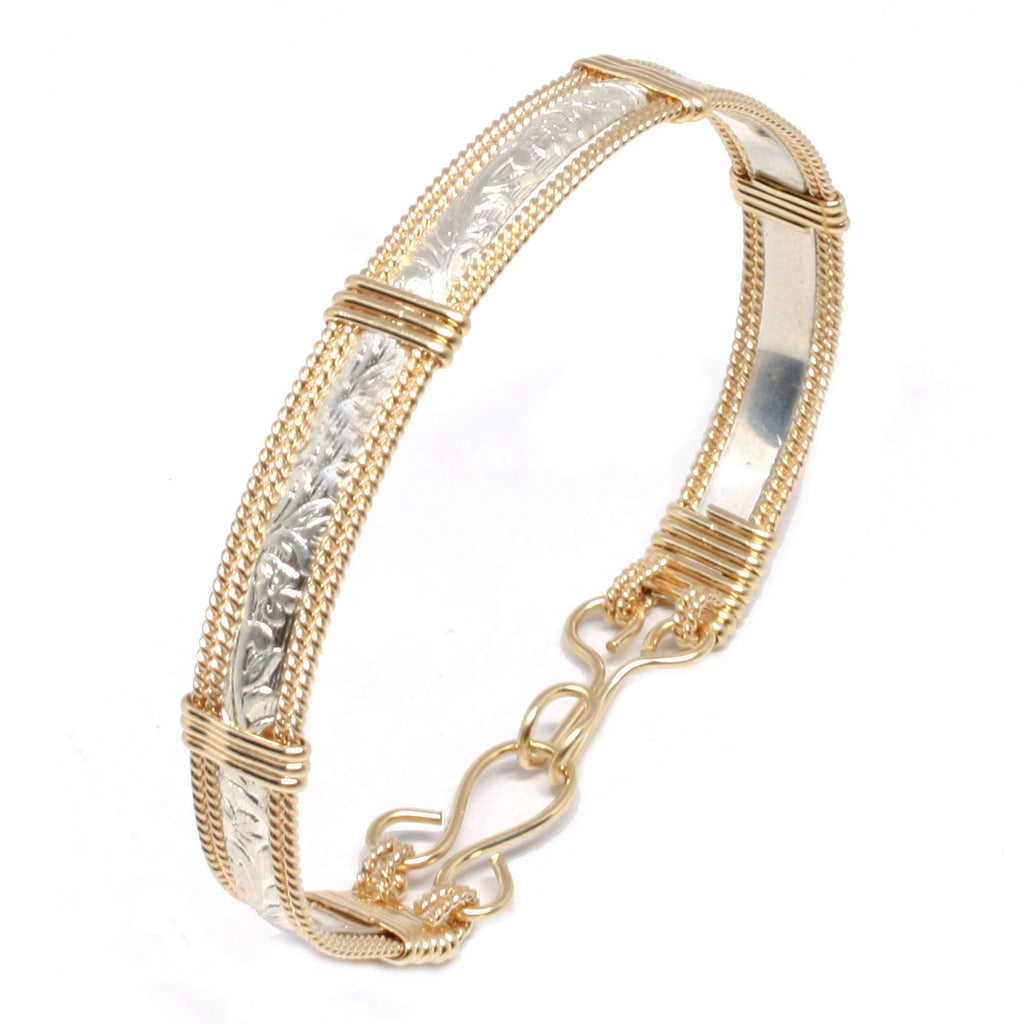 Narrow Sterling Silver and 14k Gold Fill Bracelet Women, 925 Silver Bangle Floral Pattern