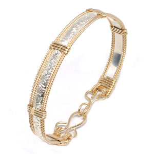 Narrow Sterling Silver and 14k Gold Fill Bracelet Women, 925 Silver Bangle Floral Pattern