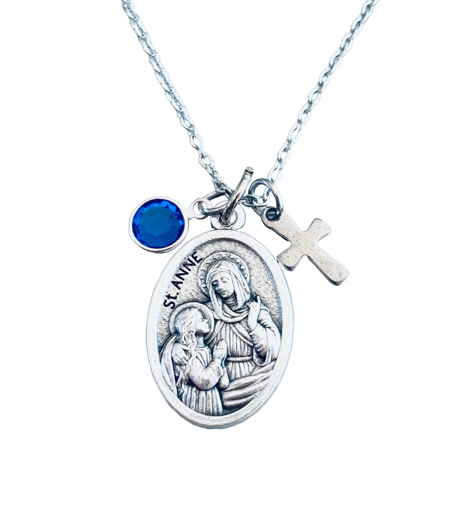 Saint Anne Necklace – Silver Catholic Medal Pendant with Cross & Birthstone – Personalized St. Anne Jewelry – Inspirational Religious Gift for Women & Teens, Mother’s Day, Confirmation, Baptism