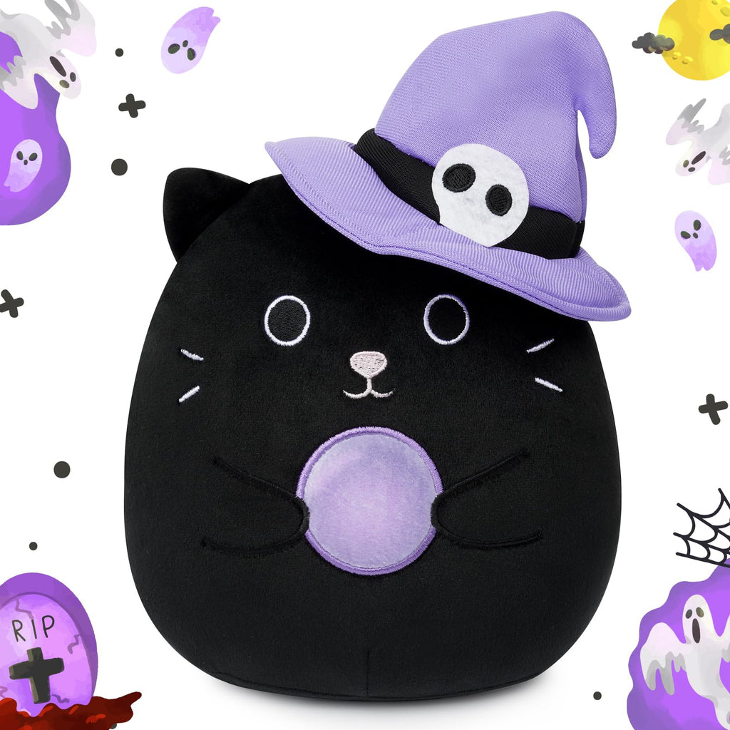 Bekrgwiy Black Cat Plush with Crystal Ball & Witch Hat,Halloween Cat Stuffed Animals,Black Kitten Plushie Doll Toy for Girls Boys,Halloween Party Favors Trick or Treat Gifts for Kids