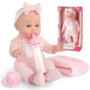 12'' Baby Doll in Gift Box - Toddler Baby Doll Set with Pacifier, Feeding Bottle, Blanket | Great Gift for 3+ Year Girls Pink