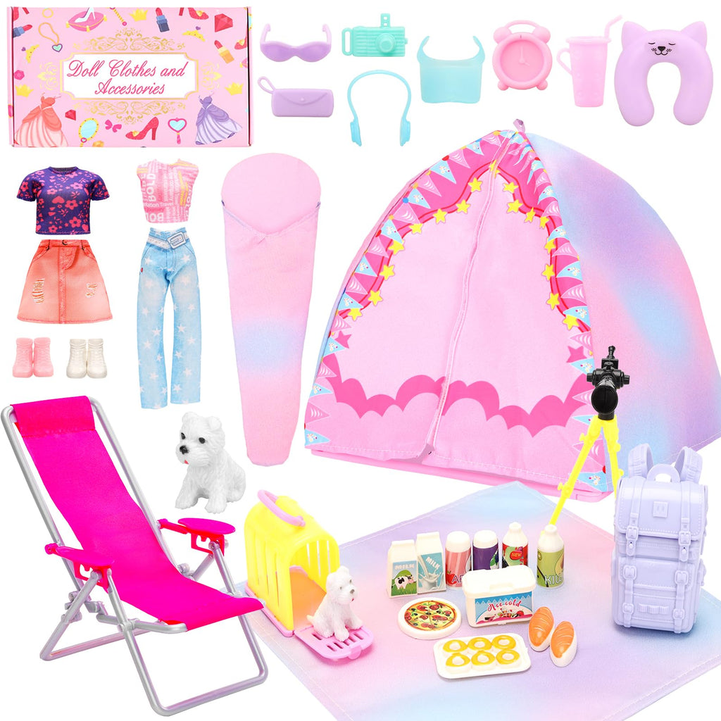 34 PCS Girl Doll Travel Camping Tent Set Includes Clothes, Food, Telescope, Tent, Sleeping Bag, Backpack, Chair, Shoes and Other Camping Accessories for 11.5 Inch Dolls ?NO Doll?