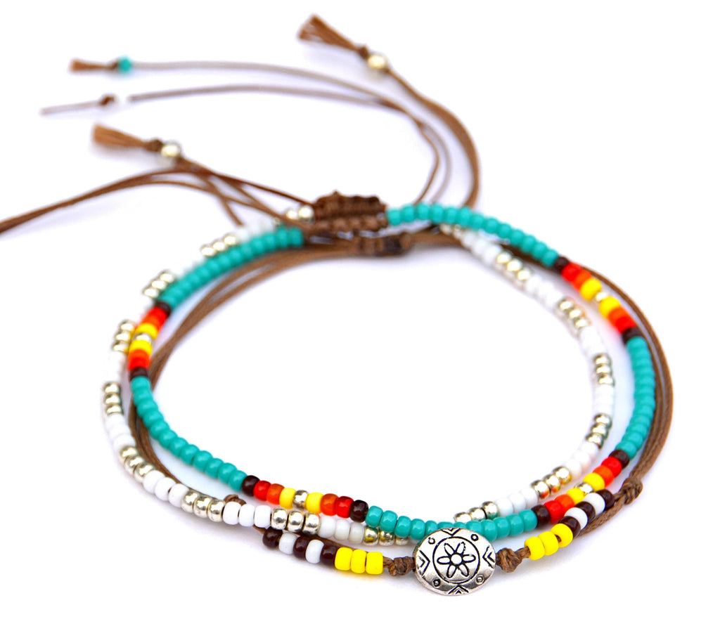 Boho Beaded Anklet Set for Women and Teen Girls, Bohemian Hippie Waterproof Adjustable String Anklets, Unique Colorful Beach Summer Foot Jewelry, Native American Style, Handmade by Tribes