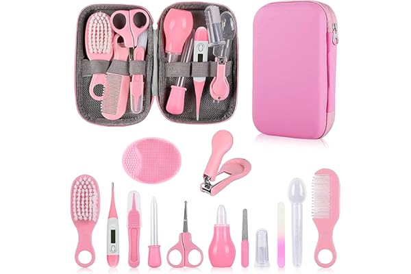Baby Grooming Kit, Infant Safety Care Set with Hair Brush Comb Nail Clipper Nasal Aspirator,Baby Essentials Kit for Newborn Girls Boys (Pink Baby Grooming kit)