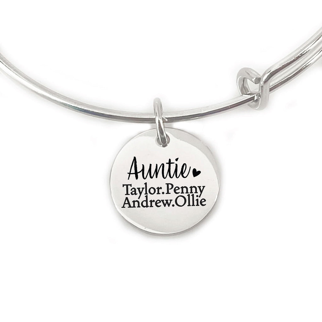 Personalized Auntie Gift Bangle Aunt Jewelry Gift Birthday Gift For Gift Personalized Kids Name Love Bracelet for Gift Idea Tia Zia Aunt AUNTIE-NAMES-BANGLE