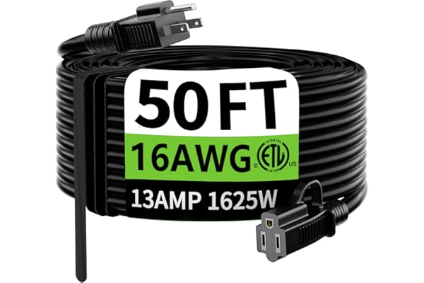 50-foot extension cord with label indicating specifications on a white background