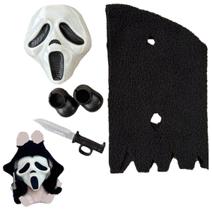 4PCS Scream Mask, 15-17cm Doll Outfits Set Including Halloween Mask, Clothes, Shoes and Toy Knife, Cute Horror Style Skull Masks for Dolls Accessories, Ideal for Halloween Party Play and Display
