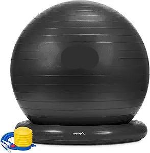 Black exercise ball with pump on a white background, featuring the Apexup brand.