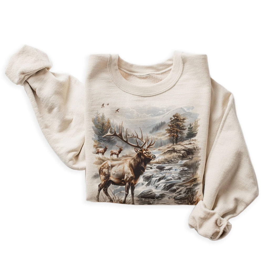 Vintage Bull Elk Wilderness Scene - 90s Retro Elk Hunting Sweatshirt - Scenic Mountain River Nature Cozy Fall Sweater - Unisex Graphic Crewneck Sweatshirt