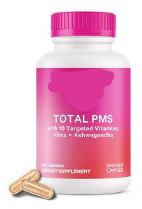 Pinkstork Total PMS supplement bottle with pink cap and label on a white background