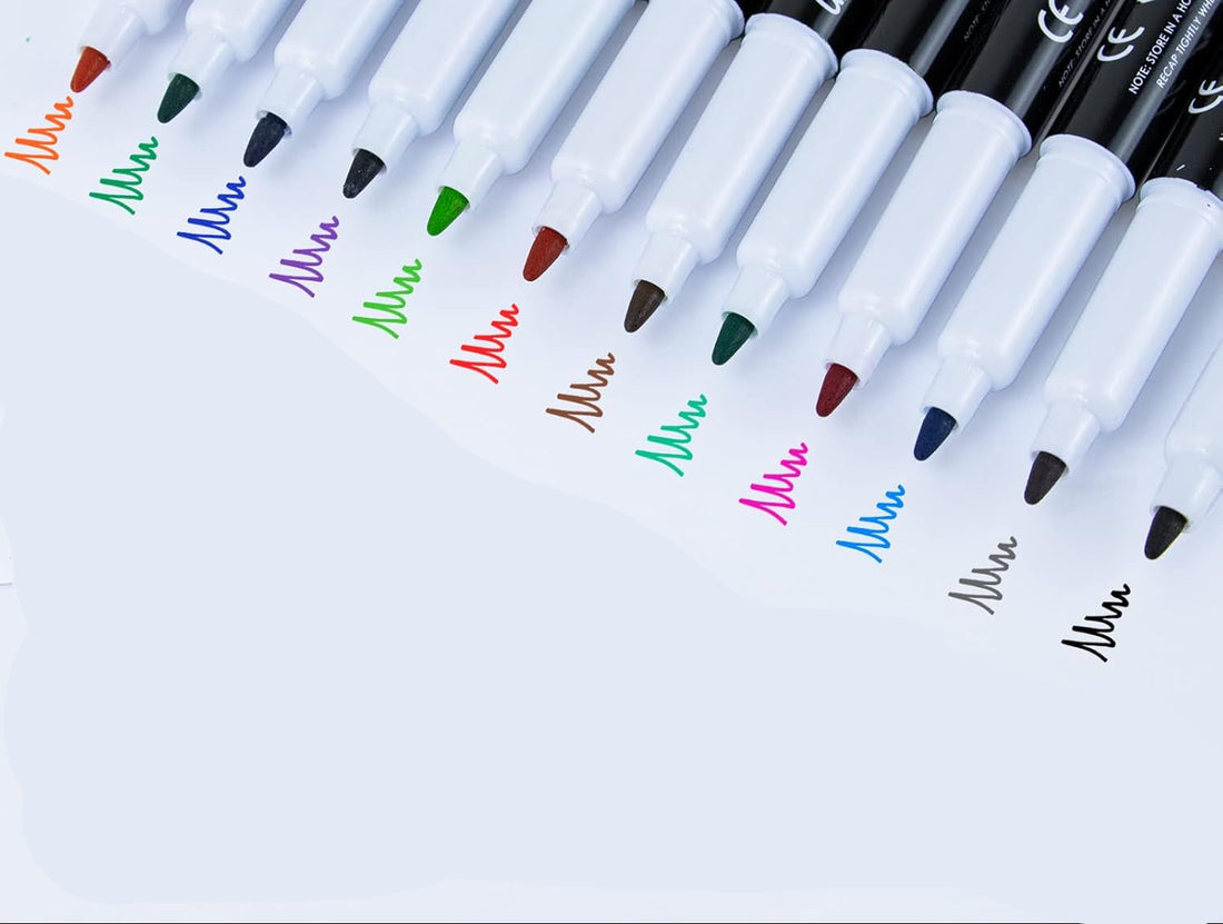 Set of markers with colored tips on a white background, featuring text '12 Bold Colors & Ultra-fine Tips'.