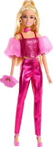 Barbie Deluxe Style Doll #5 in Metallic Pink Outfit, Blonde Hair, Sparkly Corset Top and Shiny Pants with Accessories Like Rose Necklace and Handbag