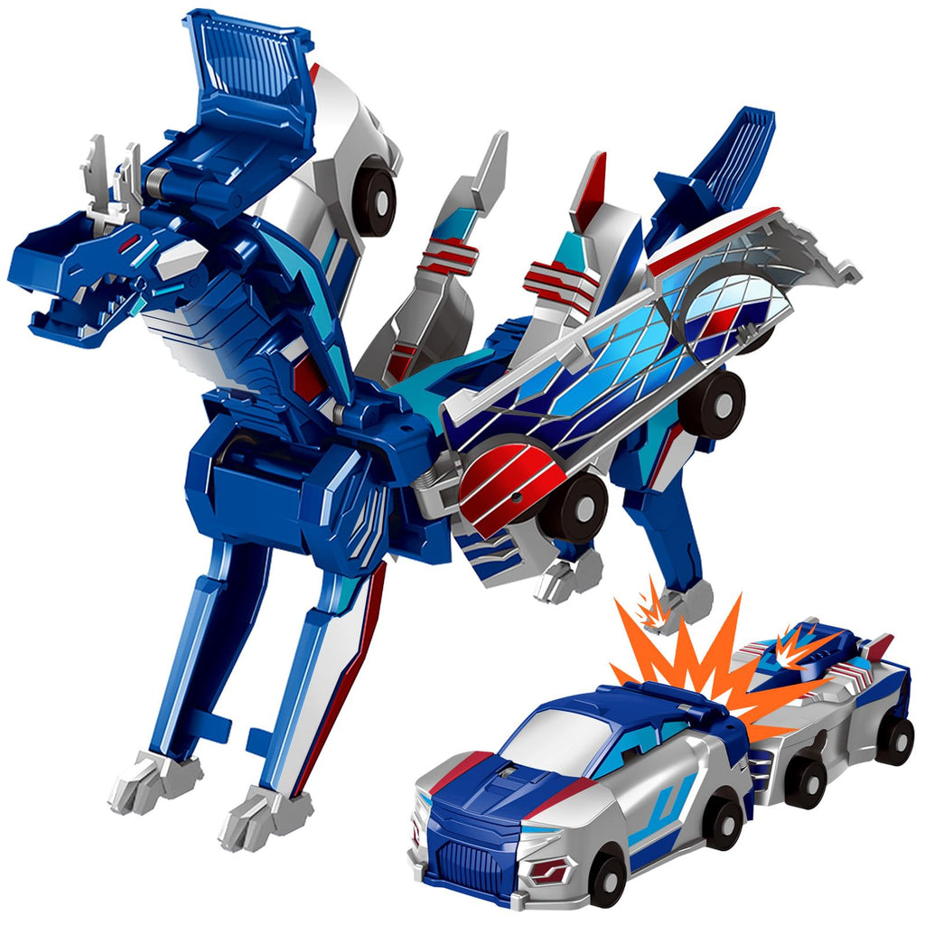 Collision Transforming Dinosaur Car Toy, 2 Magnetic Cars Transform into Dinosaur Toys for Kids Toddler Fun Deformation Robot Dino Car Christmas Birthday Gift Toys for Boys Girls(Blue Dragon)