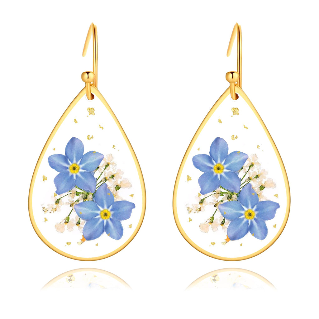 Sereney Forget Me Not Pressed Flowers Earrings, Dainty Sterling Silver Earrings as Christmas Memorial Gifts, Flower Teardrop Earrings Sympathy Gifts for Loss of Loved One Dangle Earrings for Mom