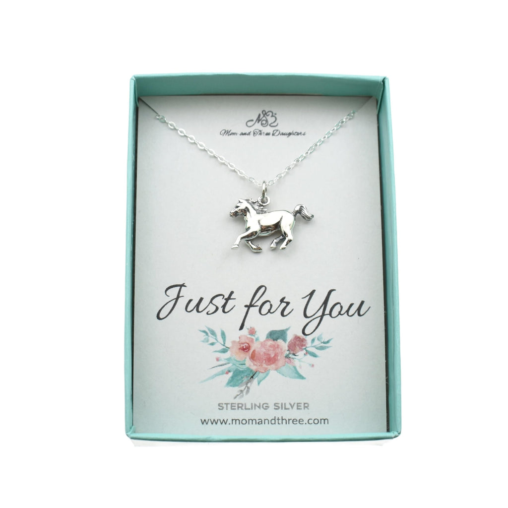 MOM & THREE DAUGHTERS Horse Necklace in Sterling Silver | 14 Inch Cable Chain | Horse Lover Gift | Awesome Gift for Little Girls