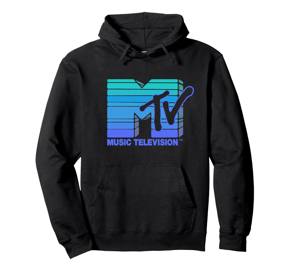Mademark x MTV - Hand Drawn Blue Vapor Wave Sun Stripes Vintage MTV Logo Pullover Hoodie