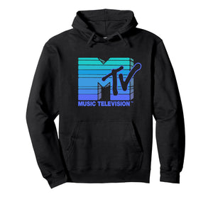 Mademark x MTV - Hand Drawn Blue Vapor Wave Sun Stripes Vintage MTV Logo Pullover Hoodie