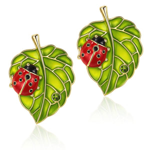 Aliyoham Boho Leaf Ladybug Stud Earrings for Women, 14k Gold Plated Leaf Earrings Embellish with a Green Emerald???