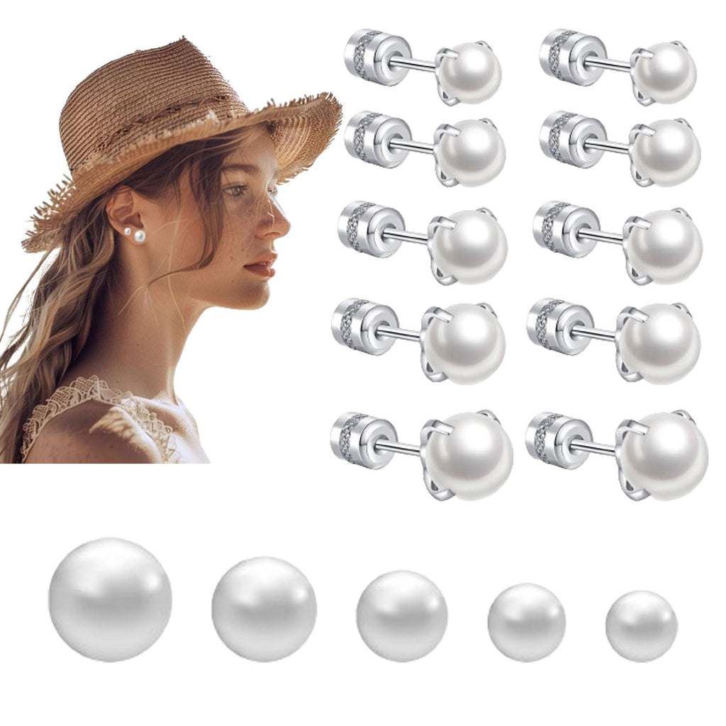 Pearls Stud Earrings Set for Women, 5Pairs Flat Back Pearls Stud Earrings Set Front Back Stackable Screwback Bridesmaid Lightweight Earring Studs Double-sided Earrings Set for Women Girls