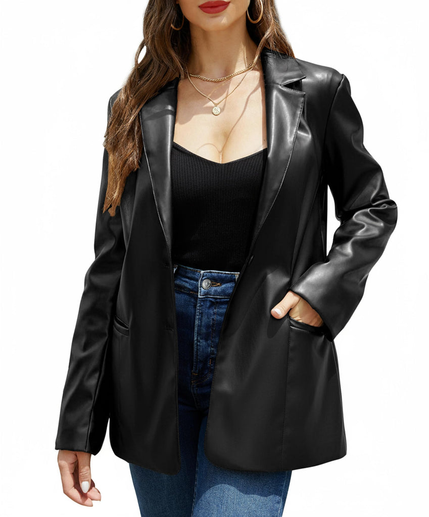 RISISSIDA Women Faux Leather Blazer Jacket,Spring Fall Vegan Pleather Soft Casual Lapel Button Down Coat