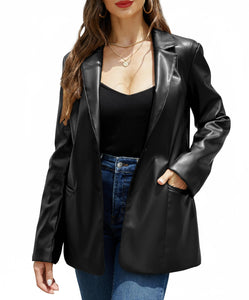 RISISSIDA Women Faux Leather Blazer Jacket,Spring Fall Vegan Pleather Soft Casual Lapel Button Down Coat