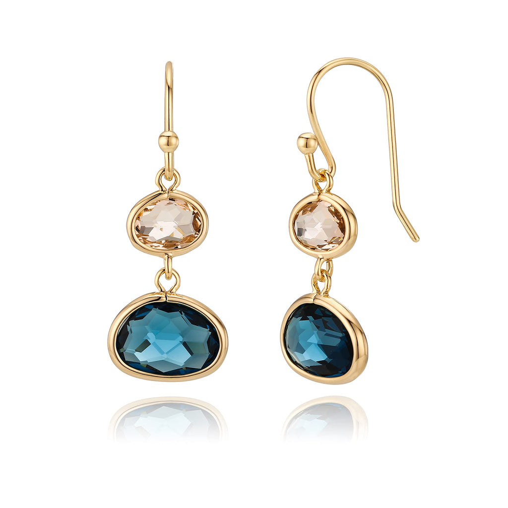 MJLULU Simulated Navy Blue Sapphire & Champagne Topaz Crystal Earrings - 14k Gold-Plated, Hypoallergenic Dangle Drops, Lightweight & Comfortable for All-Day Wear, Ideal Gift