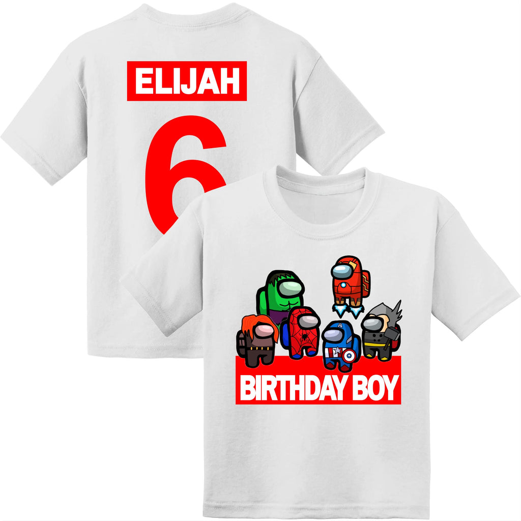Personalized Avenging Super Heroes Birthday Shirt | Personalized with Name and Age | Handmade Decorated Shirt | Unisex White T-Shirt