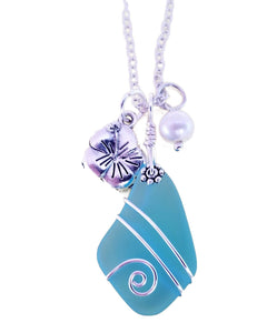 Yinahawaii Handmade Sea Glass Necklace, Hawaiian Jewelry For Women, Wire Turquoise Bay Blue Necklace Hibiscus Pearl Necklace, Beach Jewelry Birthday Gift (December Birthstone) (Non-Personalized)